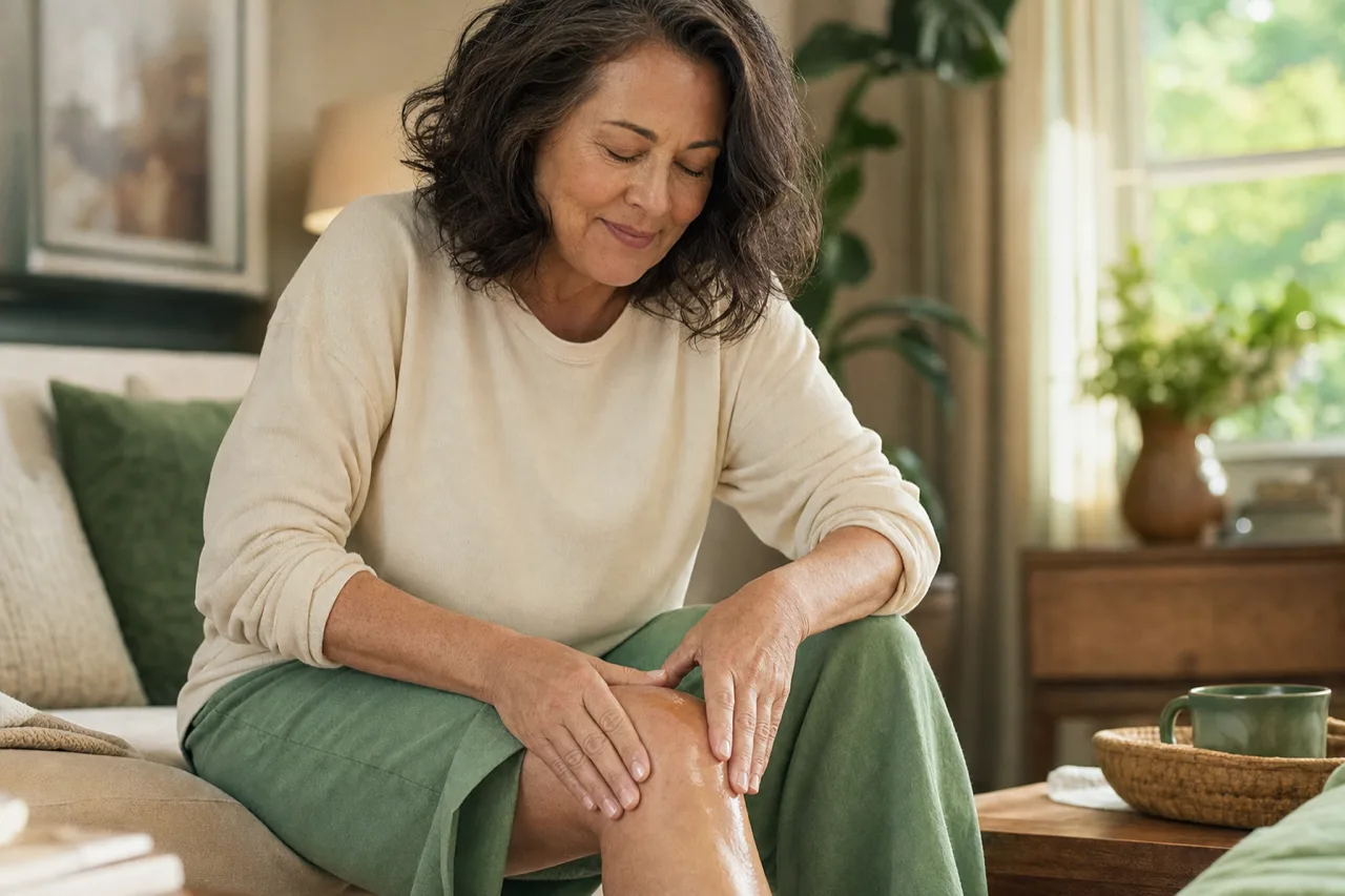 Concepto de uso seguro y cuidado de la piel al aplicar Enerflex CBD para el dolor articular y muscular